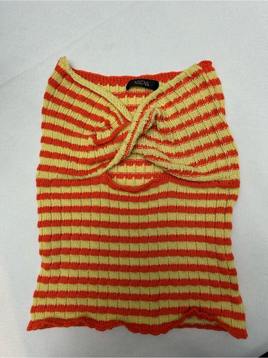 Micas Tops - MICAS Striped Knit Twist-Front Crop Top in Yellow & Orange size S
